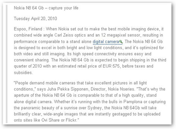Nokia N8, se presentará el 20 de abril según una nota de prensa filtrada