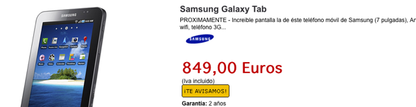 Samsung Galaxy Tab, la tableta de Samsung tendrá un precio de 849 euros