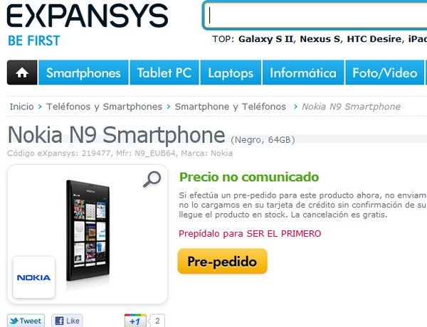Nokia N9 en España, aparece en la tienda online de Expansys