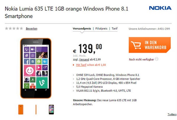 Nokia Lumia 635 1GB RAM