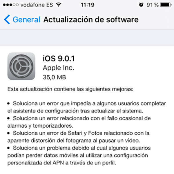 Apple lanza iOS 9.0.1 para solucionar fallos