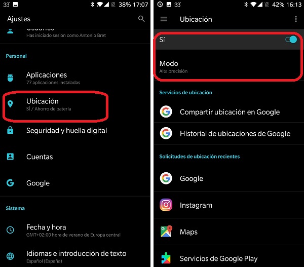 Seleccionar ubicación 'Ahorro de batería'
