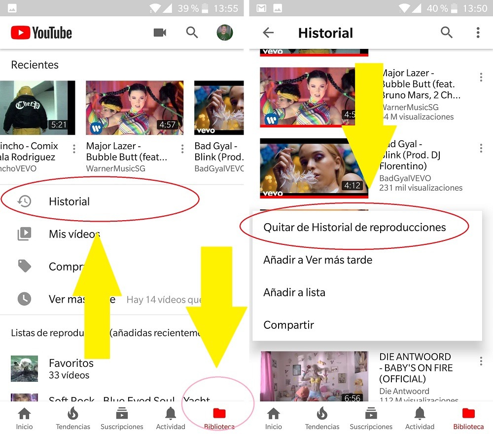 Cómo eliminar vídeos del historial de YouTube