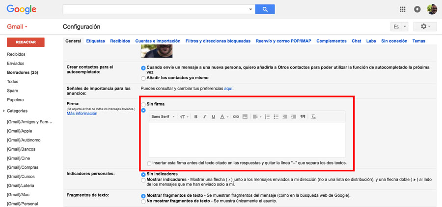 cómo crear una firma en Gmail campo firma