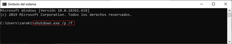 forzar el apagado de Windows 10 con la terminal 2